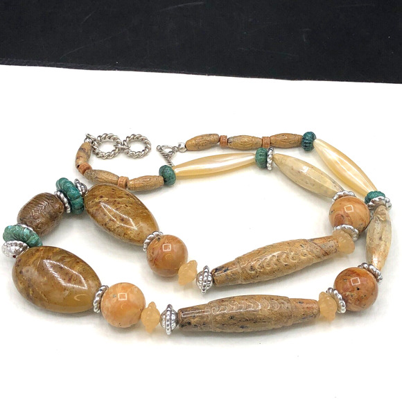 Tribal Carved Style 24” Chunky Acrylic Bead Necklace Faux Sandstone Earth Tones - Picture 2 of 9